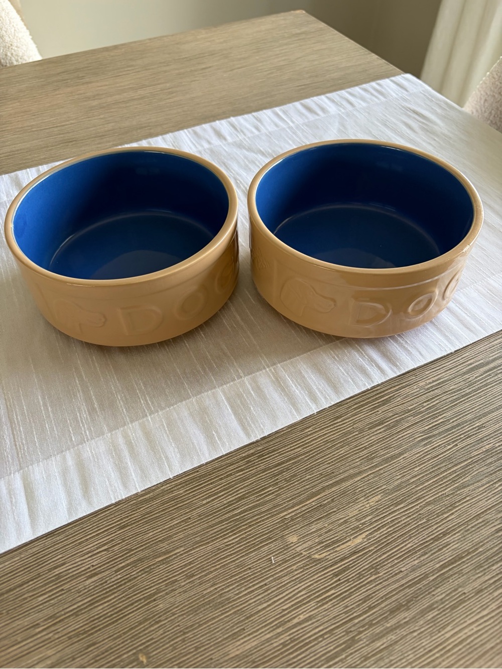 Mason Cash Cane & Blue Lettered Stoneware Dog Bowls